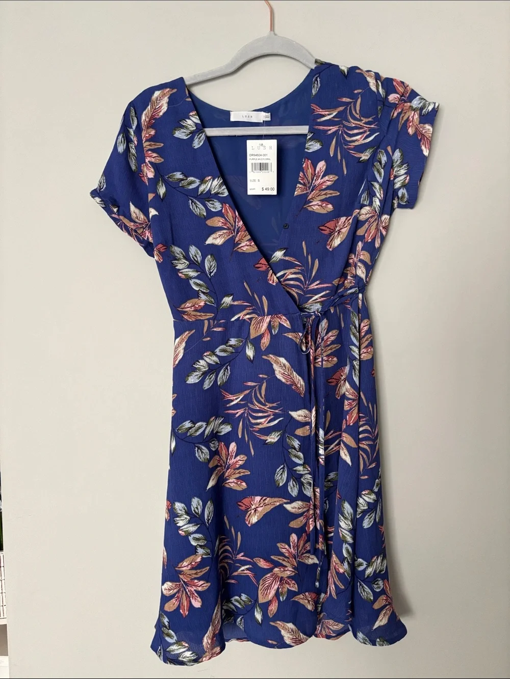 Lush Blue Floral Wrap Mini Dress with Pink & Cream Leaves